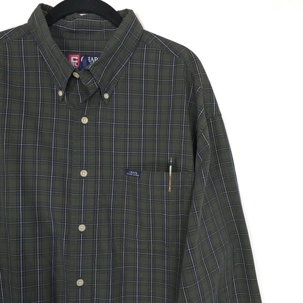 Vintage CHAPS RALPH LAUREN Men’s Shirt XL Button Down‎ Green Plaid 647107